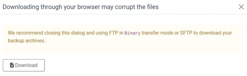 akeeba backup download button warning