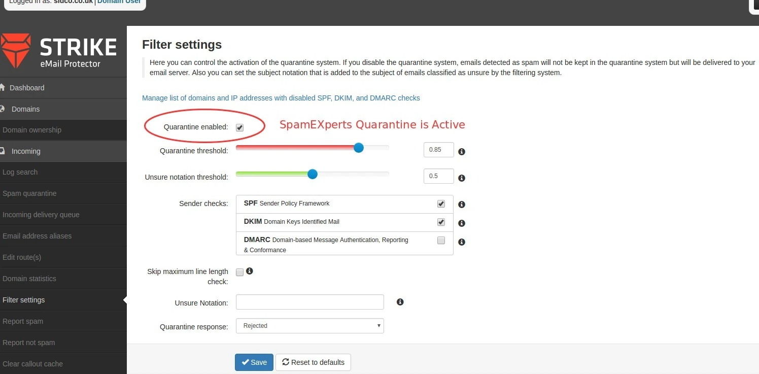 spamexperts filter settings quarantine active