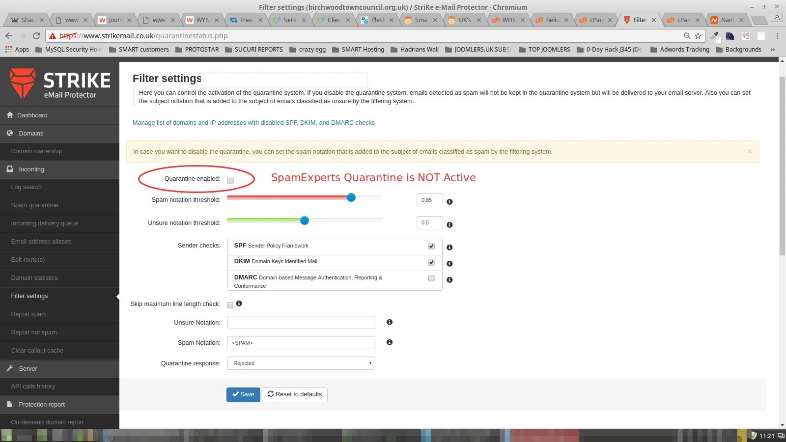 spamexperts filter settings quarantine not active