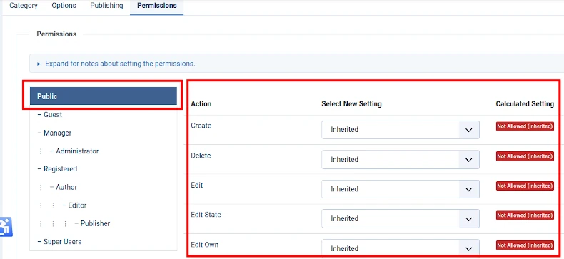 category edit permissions tab