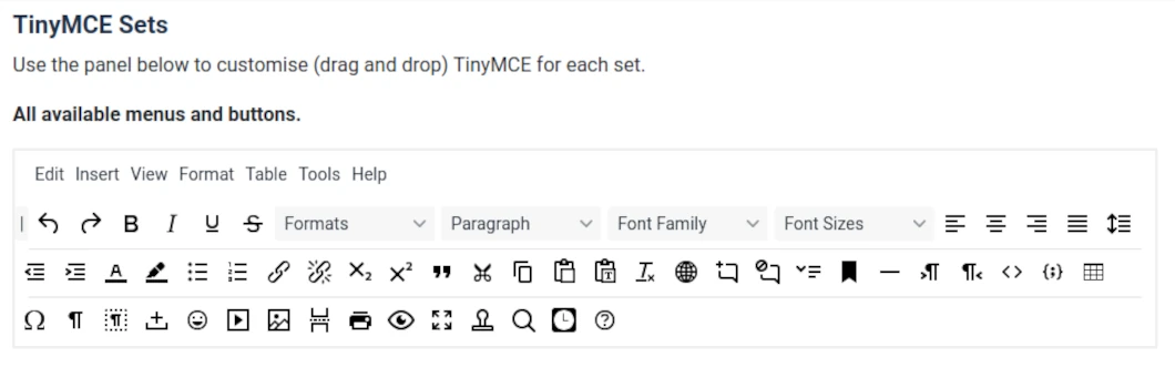 TinyMCE EDitor Available Sets